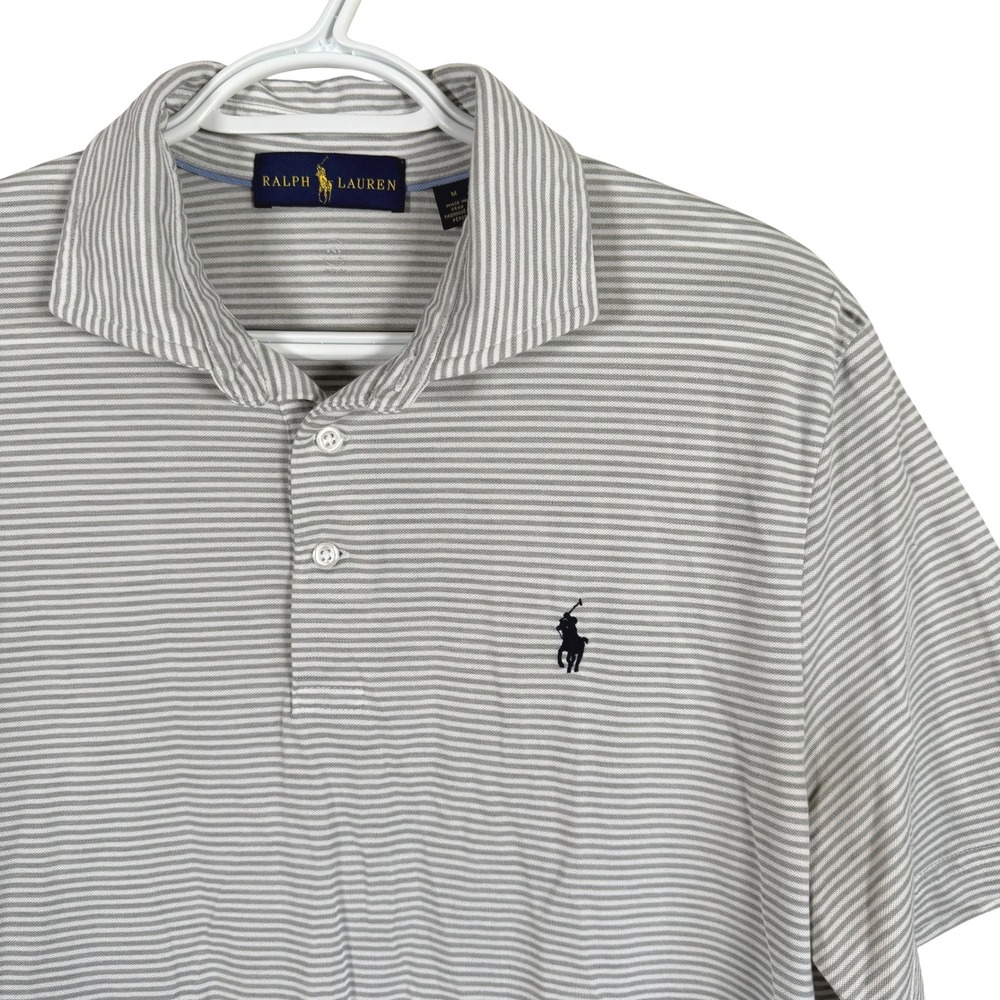 Ralph Lauren Polo Shirt Mens M Grey White Striped Short Sleeve Pony Logo read
